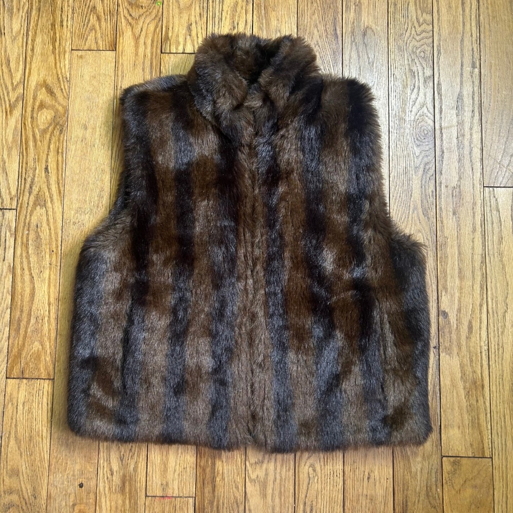 Coaco New York Faux Fur Vest Brown Black Striped Zip Up Mock Neck Large